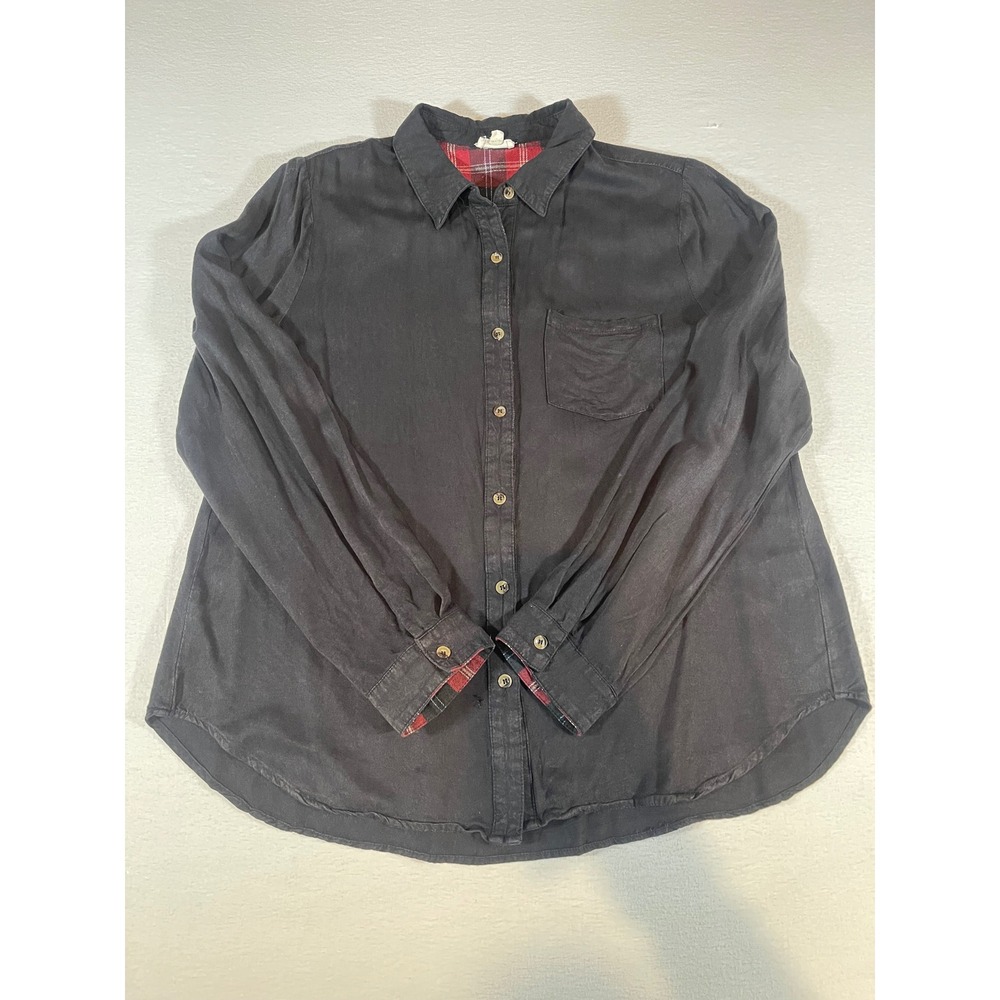 Hem & Thread Women Black Rayon Plaid Lined Button Down Shirt Size M